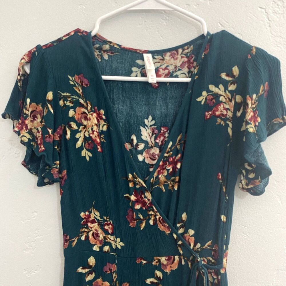 Xhilaration | Teal Floral Maxi Dress Flutter Sleeves Faux Wrap - Picture 4 of 9